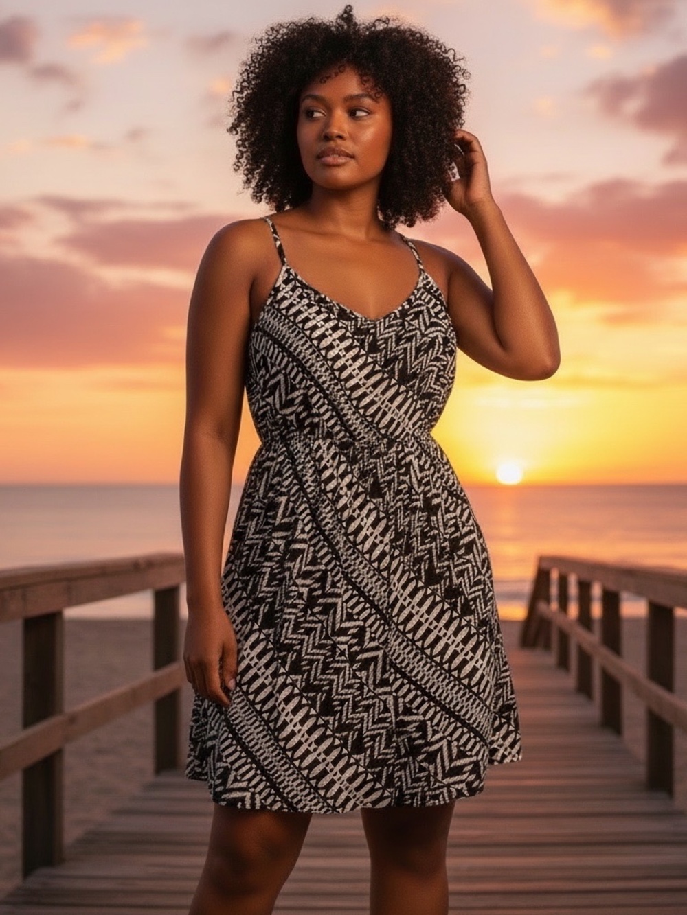 AQUA Sz Large Black &‎ White Tribal Print Fully Lined A-Line Dress - Picture 5 of 5